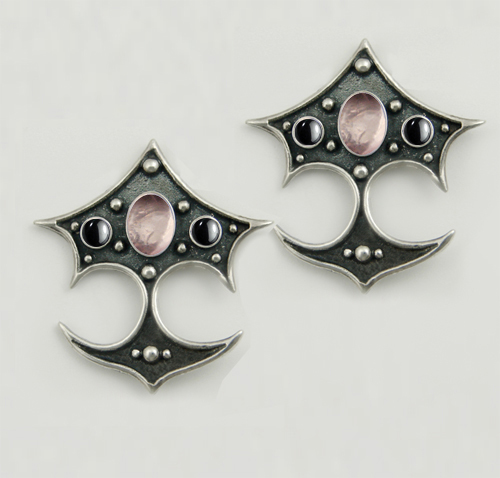 Sterling Silver Gothic Drop Dangle Earrings With Rose Quartz And Hematite
